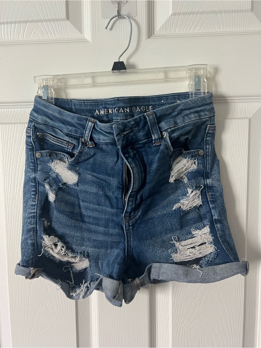 American Eagle Outfitters Women's Ripped Roll-Hem Denim Shorts - Blue